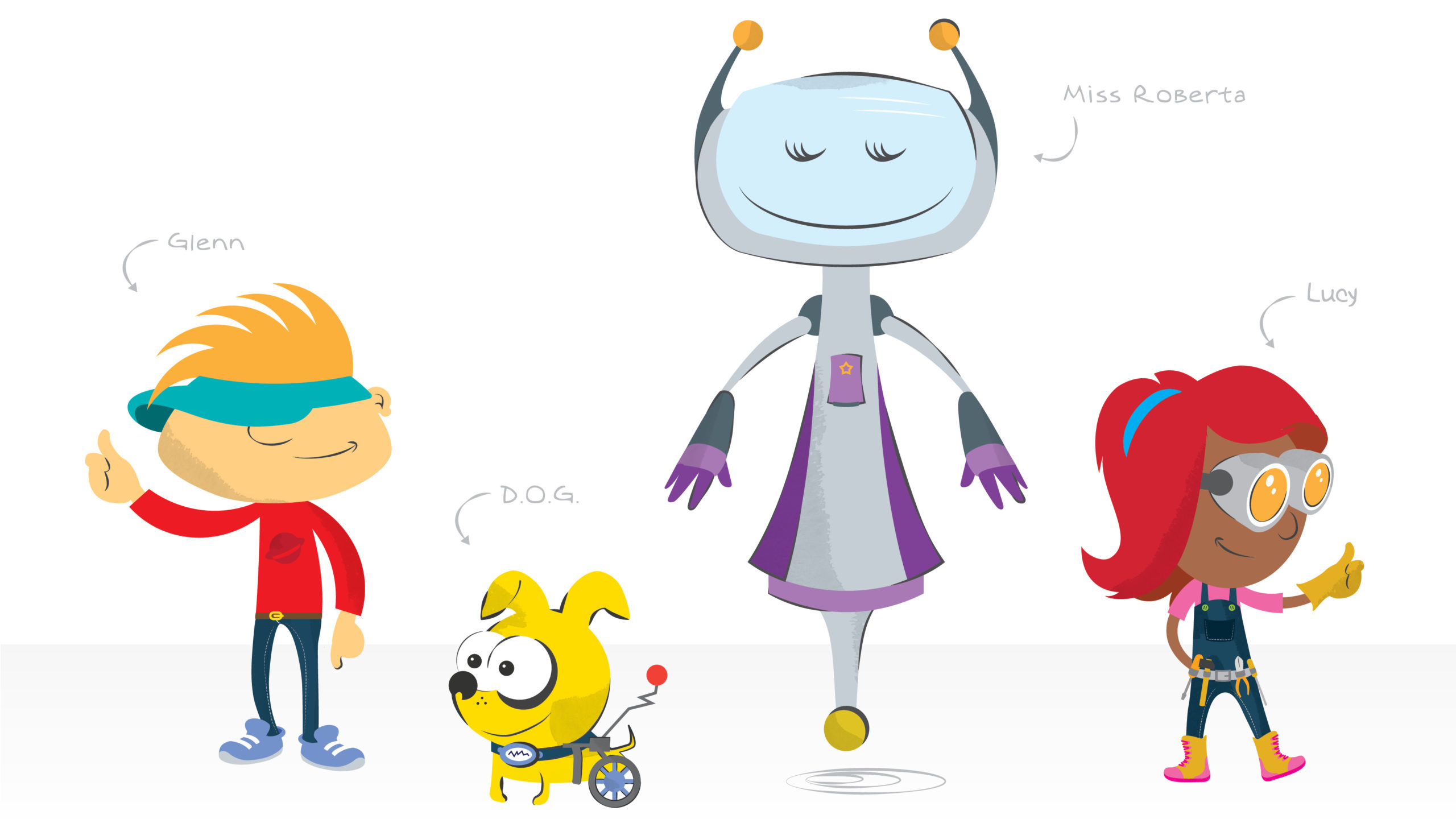 Cartoon drawing of boy, dog, robot, and girl