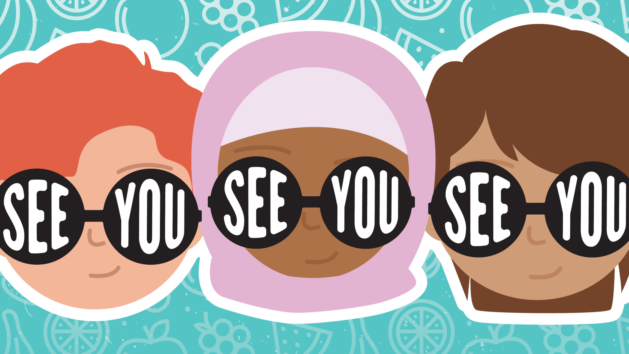Three cartoon people wearing sunglasses that say "See You" on the lenses